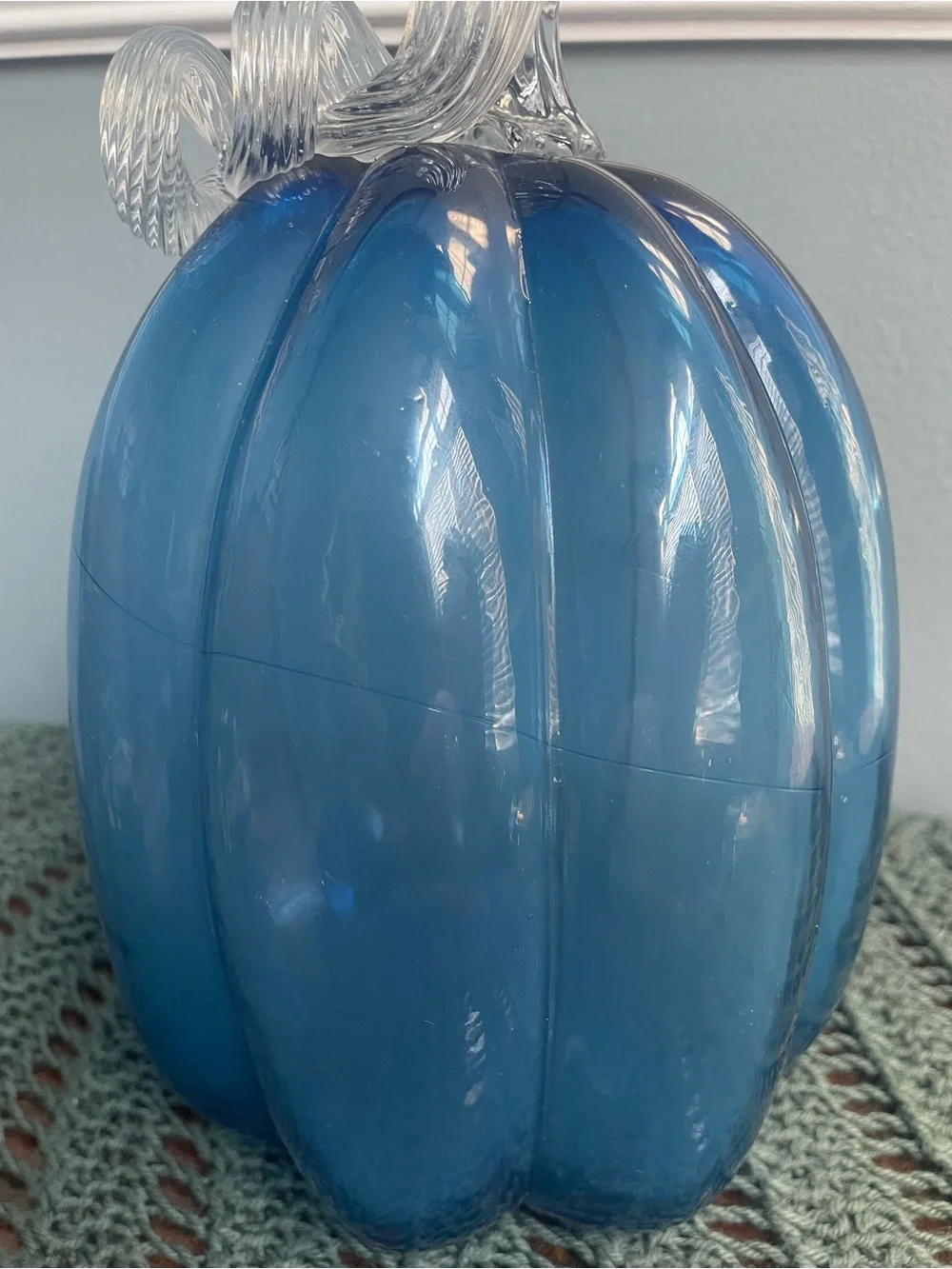 Blue Glass Pumpkin Decorative Accent with Clear Stem